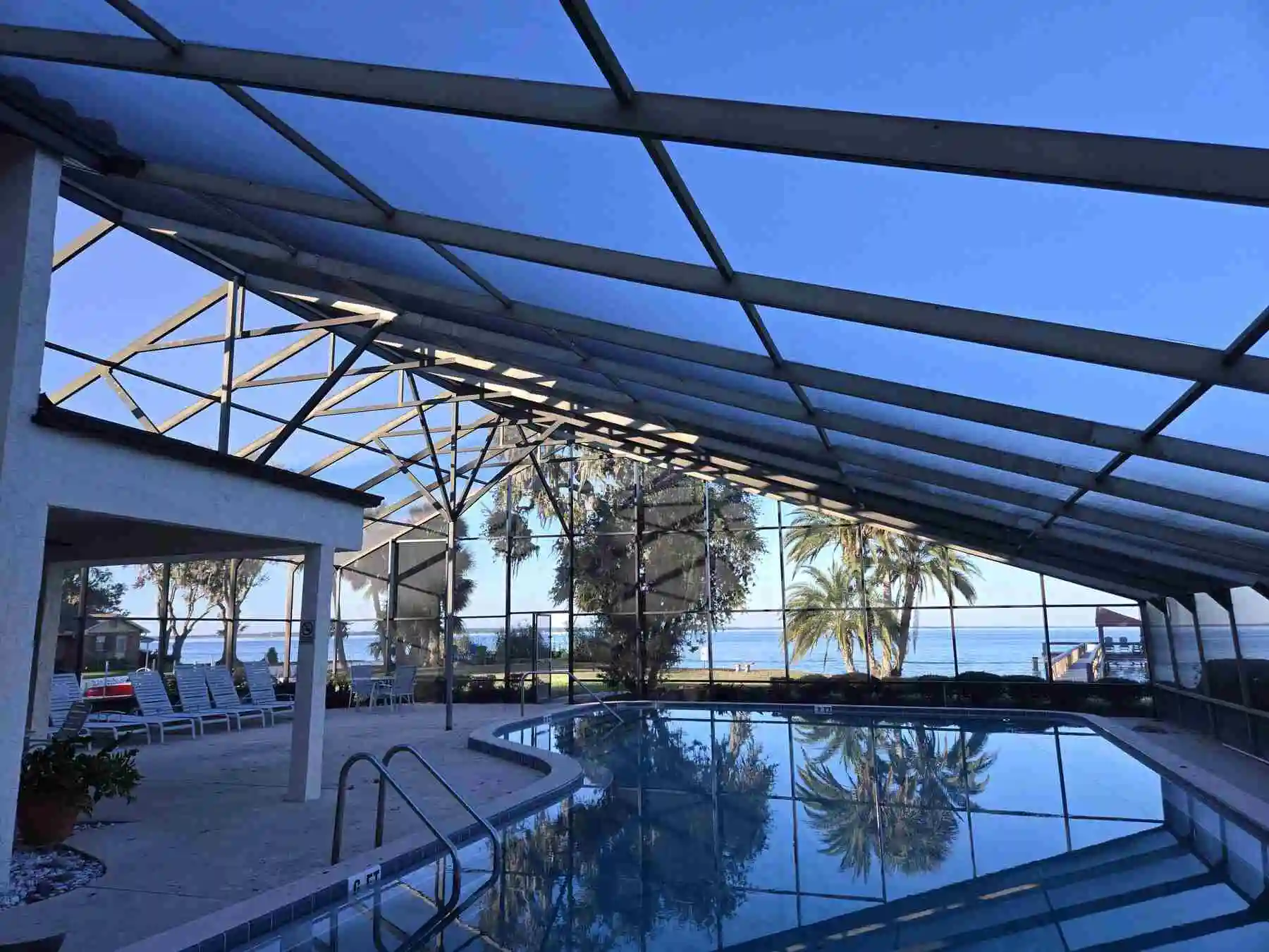Enclosed pool area with palm trees and lake view in Florida